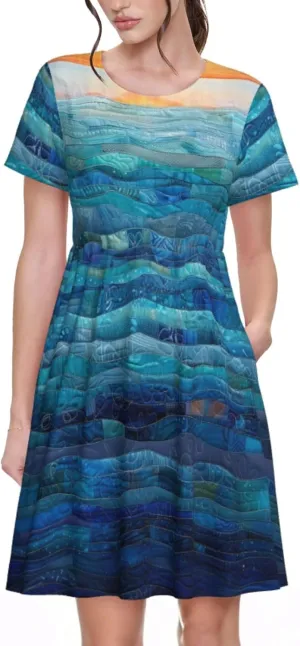 Women's Short Sleeve Round Neck marbling Print A-Line Summer Casual Dress with Pockets,