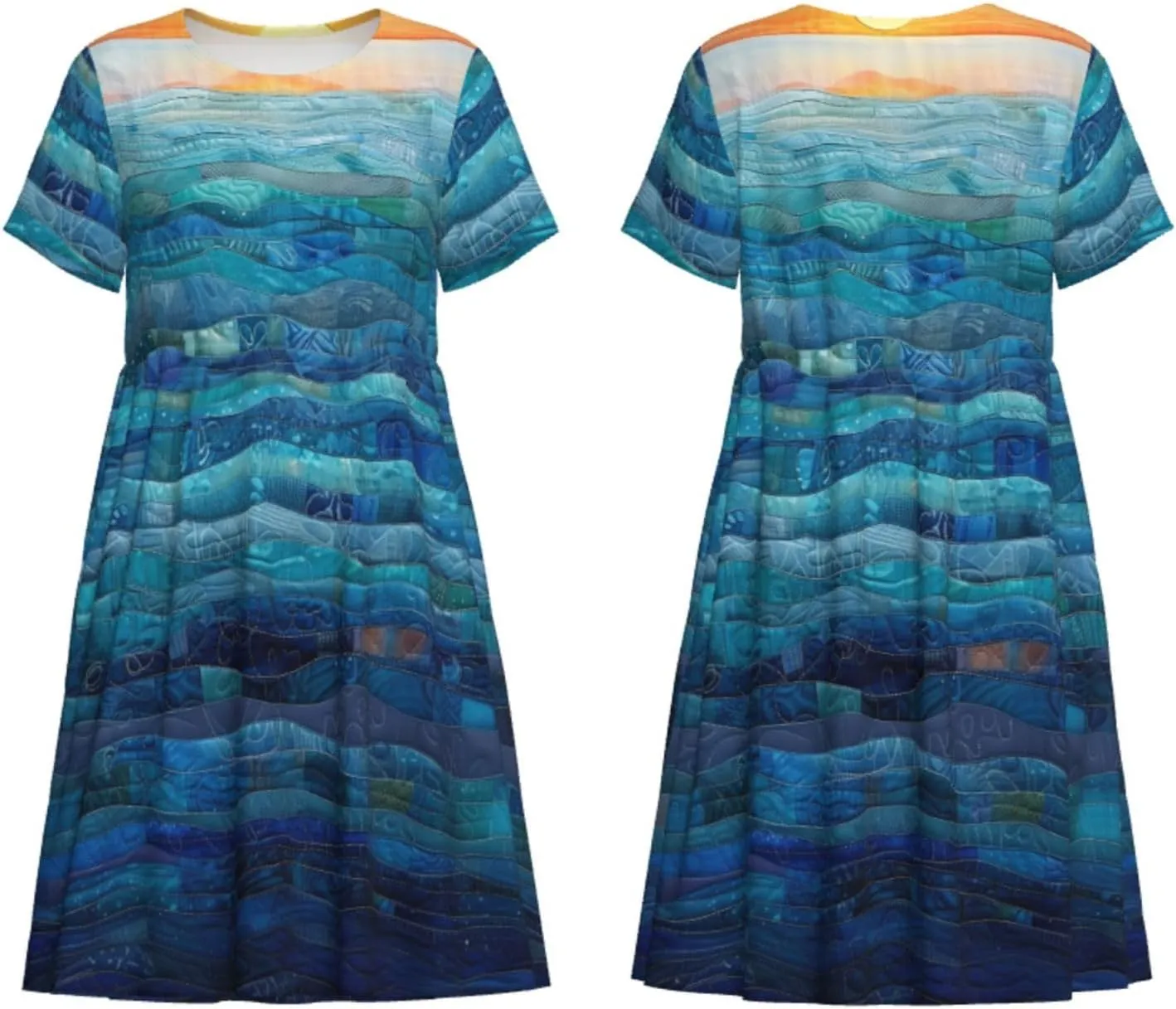 Women's Short Sleeve Round Neck marbling Print A-Line Summer Casual Dress with Pockets,