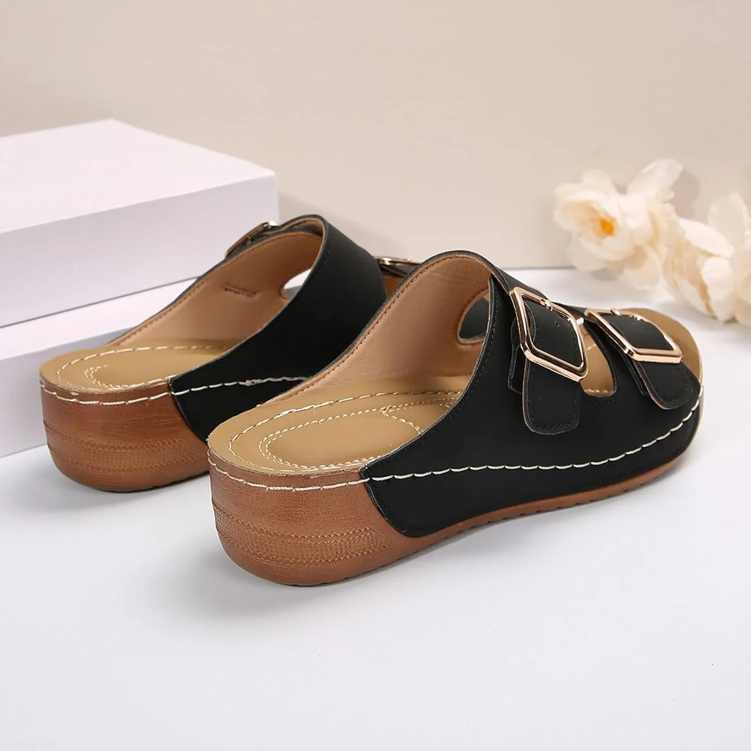 Womens Slide Sandals Cork Footbed Open Toe Adjustable Platform Sandals Comfort Slip On Slippers for Summer