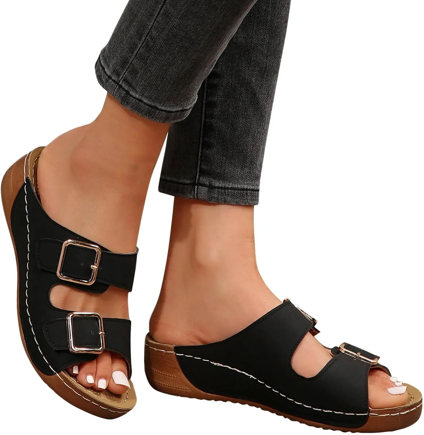 Womens Slide Sandals Cork Footbed Open Toe Adjustable Platform Sandals Comfort Slip On Slippers for Summer