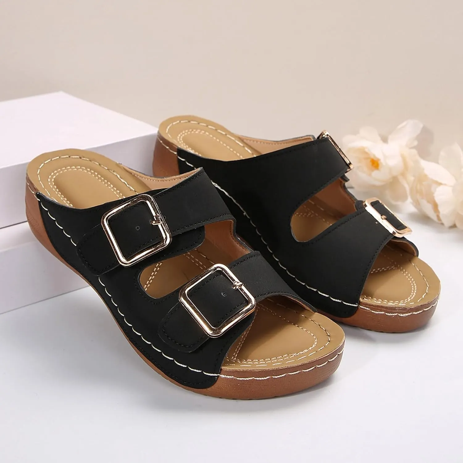 Womens Slide Sandals Cork Footbed Open Toe Adjustable Platform Sandals Comfort Slip On Slippers for Summer