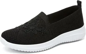 Women's Slip-On Knit Mesh Loafers Lightweight and Comfortable Breathable Mesh Walking Shoe Casual Embroidered Flat Loafers