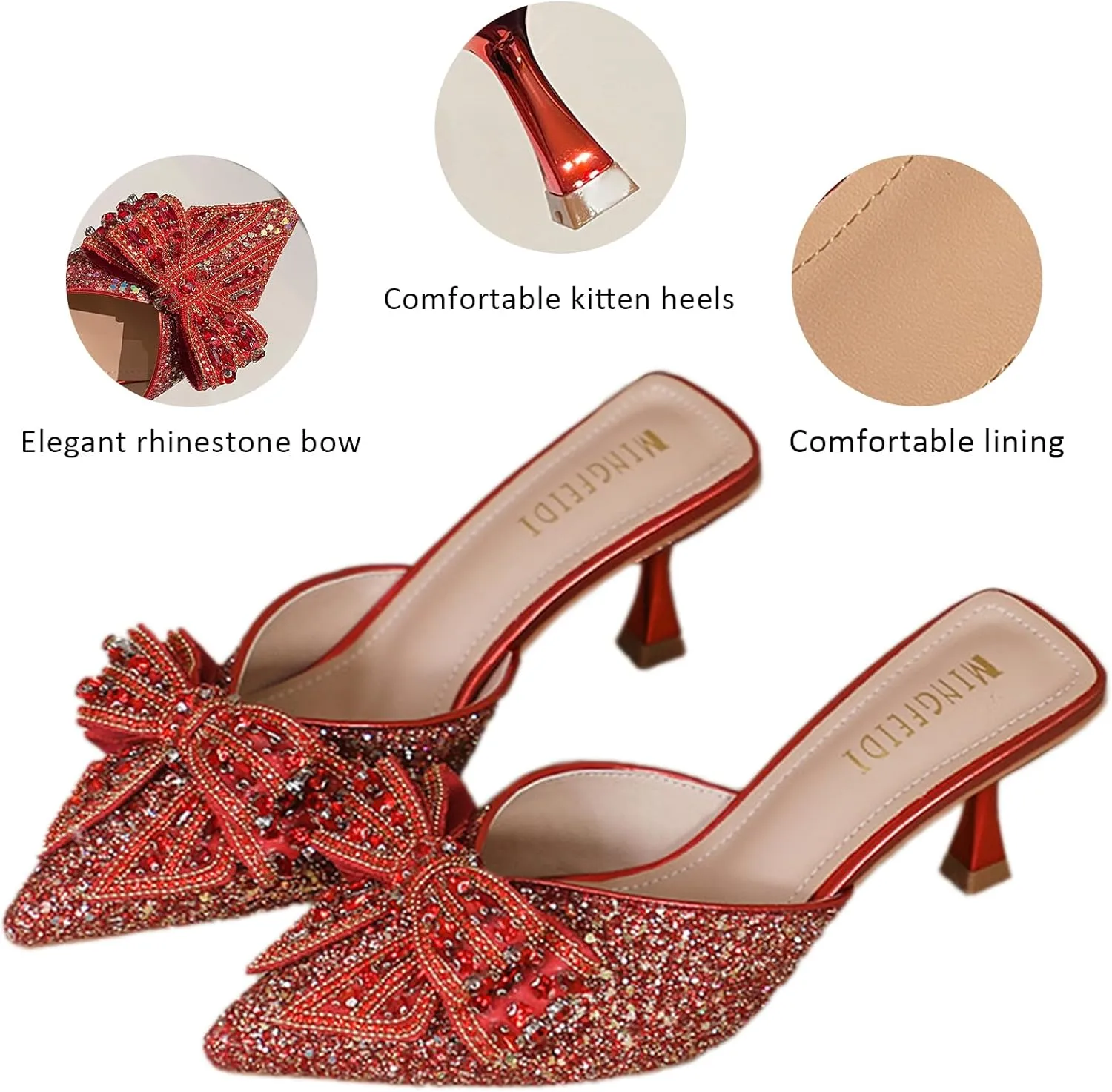 Women's Sparkling Rhinestone Bow Kitten Heel Mules Fashion Closed Pointed Toe Slip On low heel Backless slingback slides Sandals for Wedding Bridal Party Dress