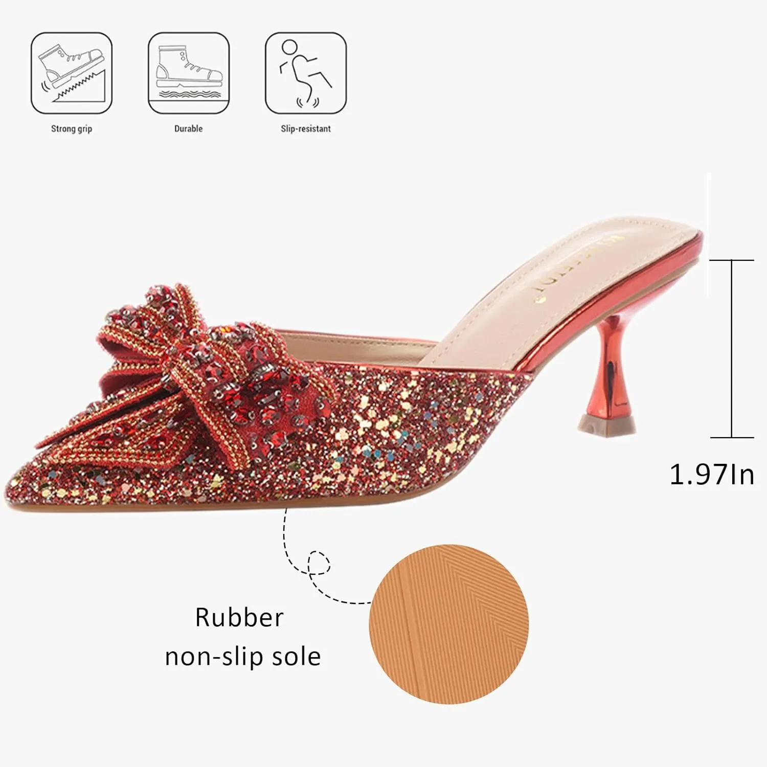 Women's Sparkling Rhinestone Bow Kitten Heel Mules Fashion Closed Pointed Toe Slip On low heel Backless slingback slides Sandals for Wedding Bridal Party Dress