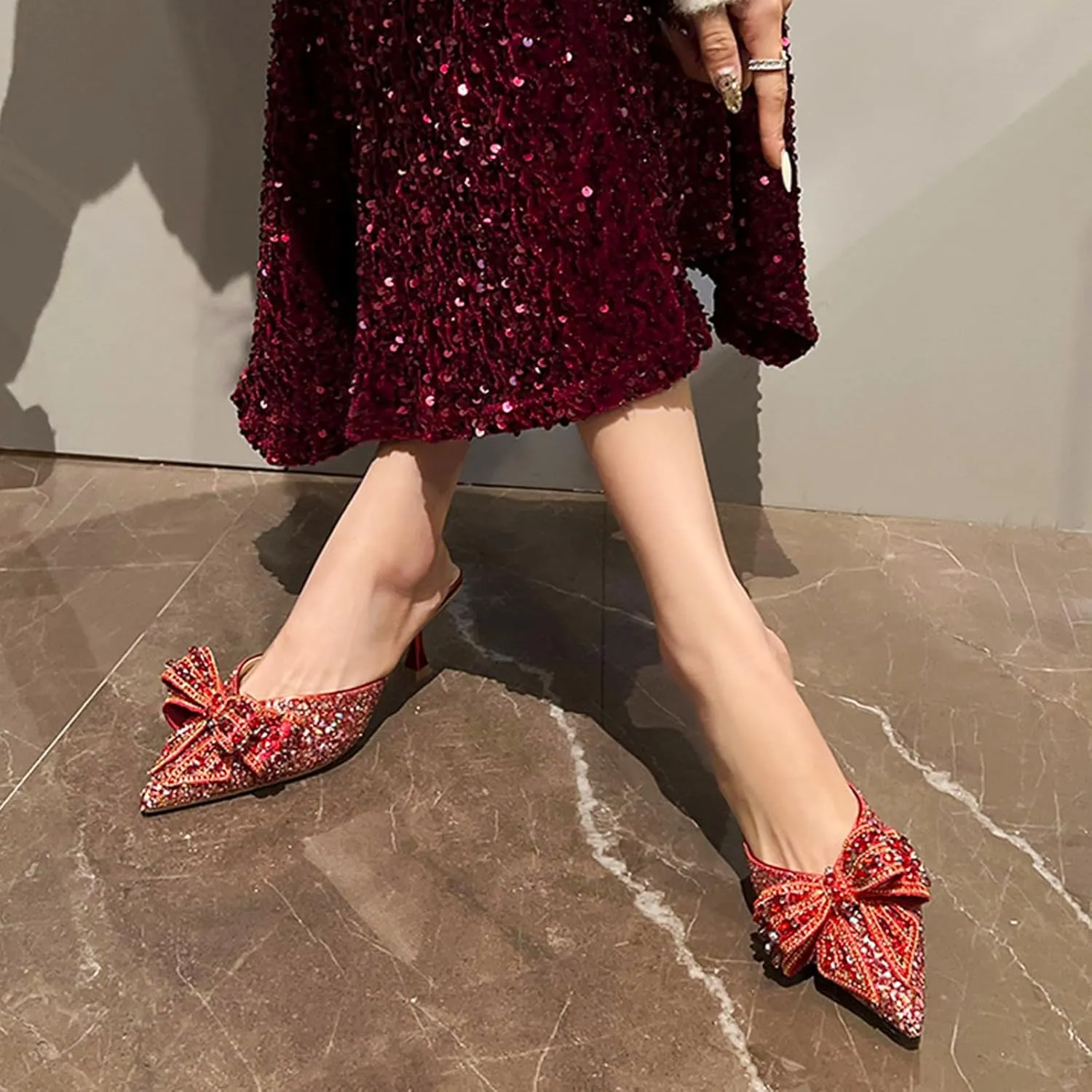 Women's Sparkling Rhinestone Bow Kitten Heel Mules Fashion Closed Pointed Toe Slip On low heel Backless slingback slides Sandals for Wedding Bridal Party Dress