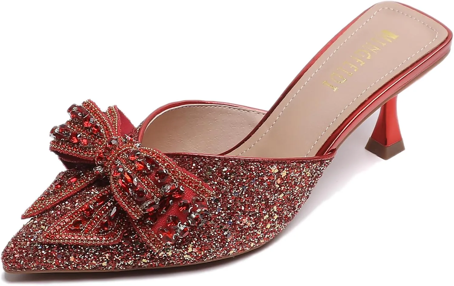 Women's Sparkling Rhinestone Bow Kitten Heel Mules Fashion Closed Pointed Toe Slip On low heel Backless slingback slides Sandals for Wedding Bridal Party Dress