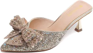 Women's Sparkling Rhinestone Bow Kitten Heel Mules Fashion Closed Pointed Toe Slip On low heel Backless slingback slides Sandals for Wedding Bridal Party Dress