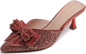 Women's Sparkling Rhinestone Bow Kitten Heel Mules Fashion Closed Pointed Toe Slip On low heel Backless slingback slides Sandals for Wedding Bridal Party Dress