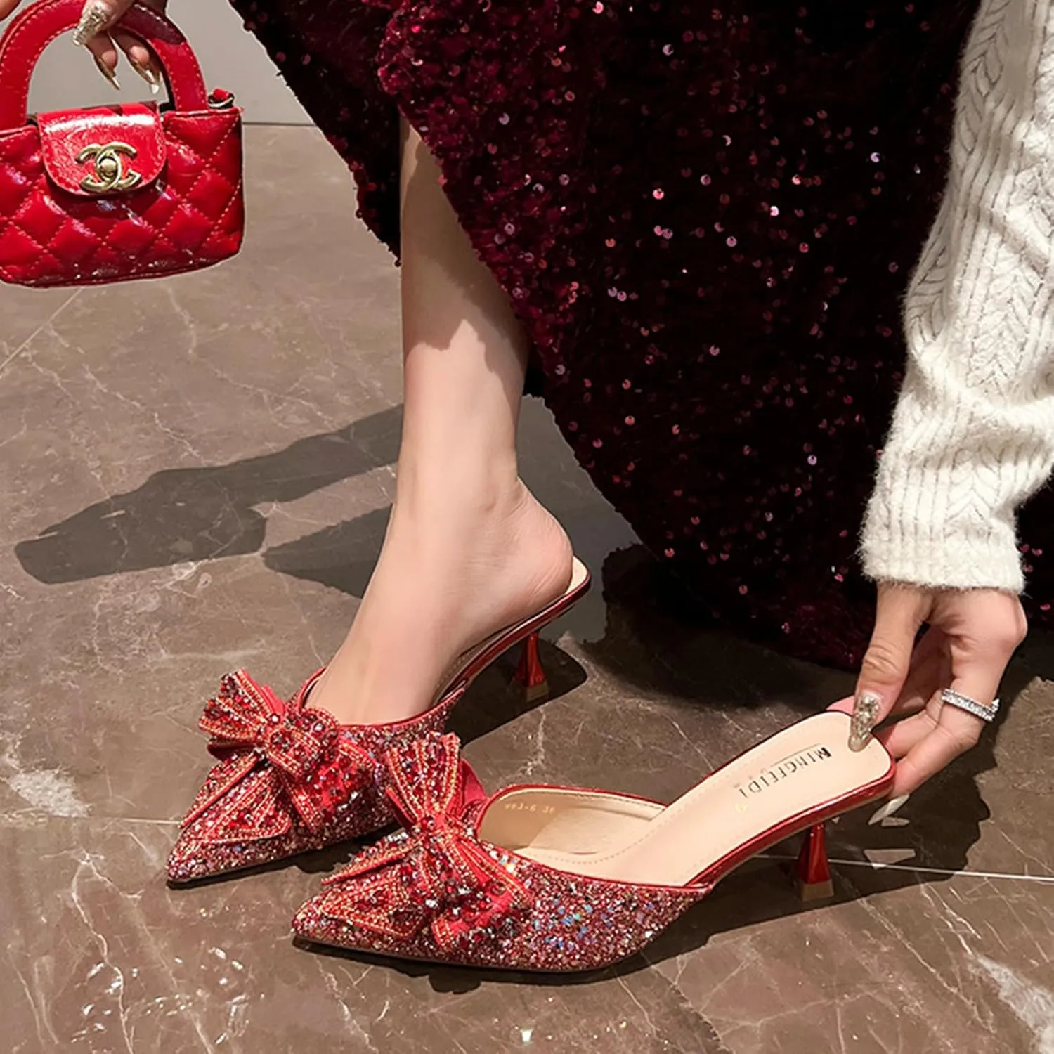 Women's Sparkling Rhinestone Bow Kitten Heel Mules Fashion Closed Pointed Toe Slip On low heel Backless slingback slides Sandals for Wedding Bridal Party Dress