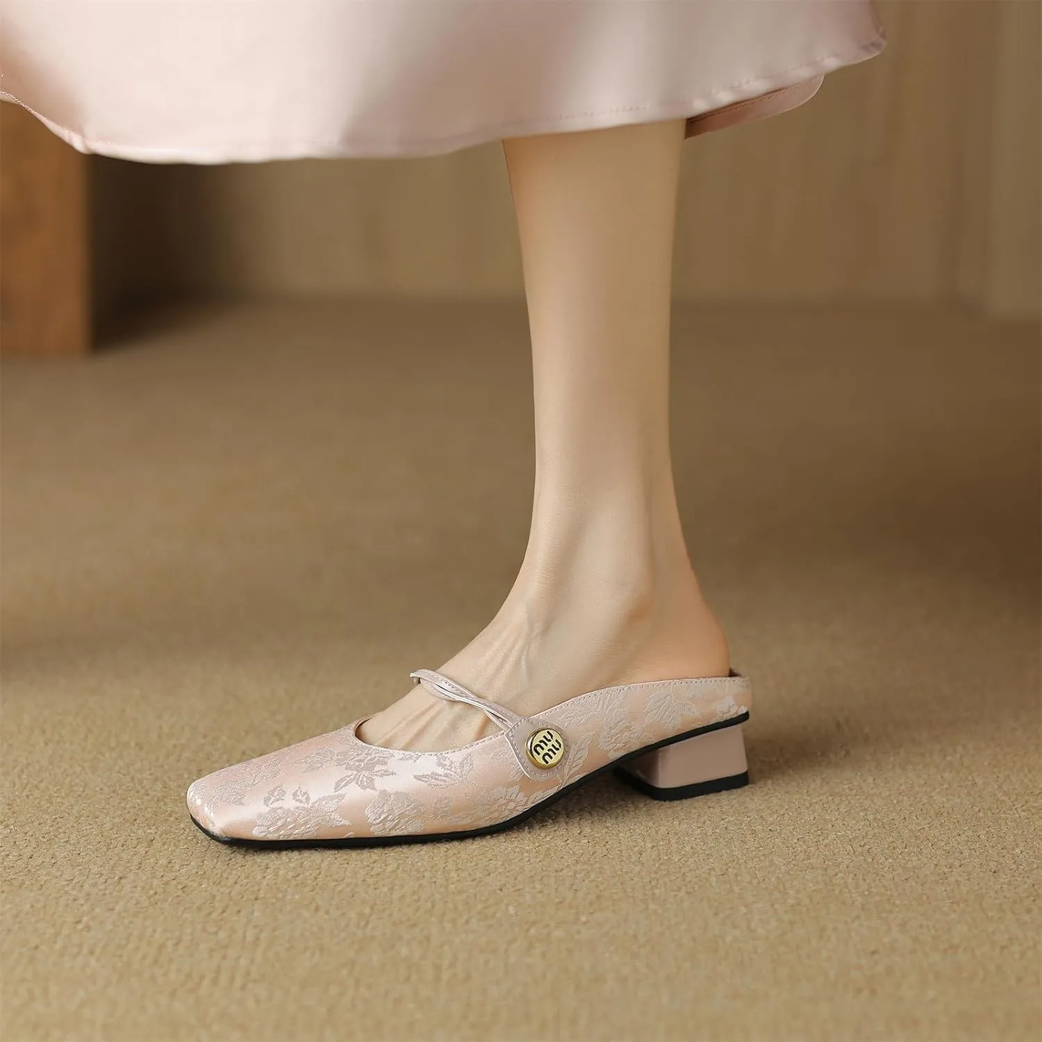 Women's Square Closed Toe Slip-On Pumps Embroidery Cross Strap Hook & Loop Fastener Mid Block Heel Mules Classic Work Office Church Comfort Dress Shoes Business Party Dating Sandals