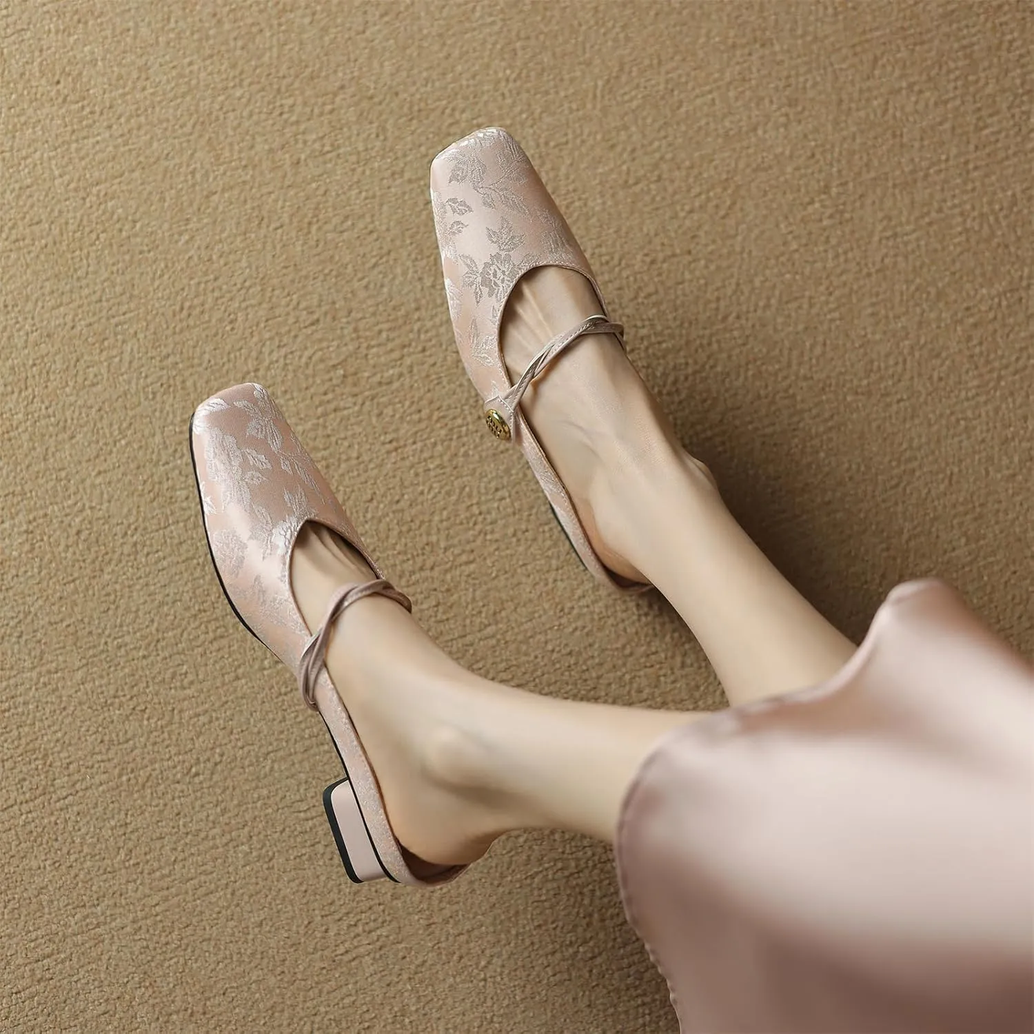 Women's Square Closed Toe Slip-On Pumps Embroidery Cross Strap Hook & Loop Fastener Mid Block Heel Mules Classic Work Office Church Comfort Dress Shoes Business Party Dating Sandals