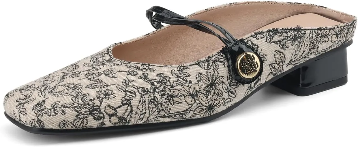 Women's Square Closed Toe Slip-On Pumps Embroidery Cross Strap Hook & Loop Fastener Mid Block Heel Mules Classic Work Office Church Comfort Dress Shoes Business Party Dating Sandals