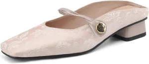 Women's Square Closed Toe Slip-On Pumps Embroidery Cross Strap Hook & Loop Fastener Mid Block Heel Mules Classic Work Office Church Comfort Dress Shoes Business Party Dating Sandals