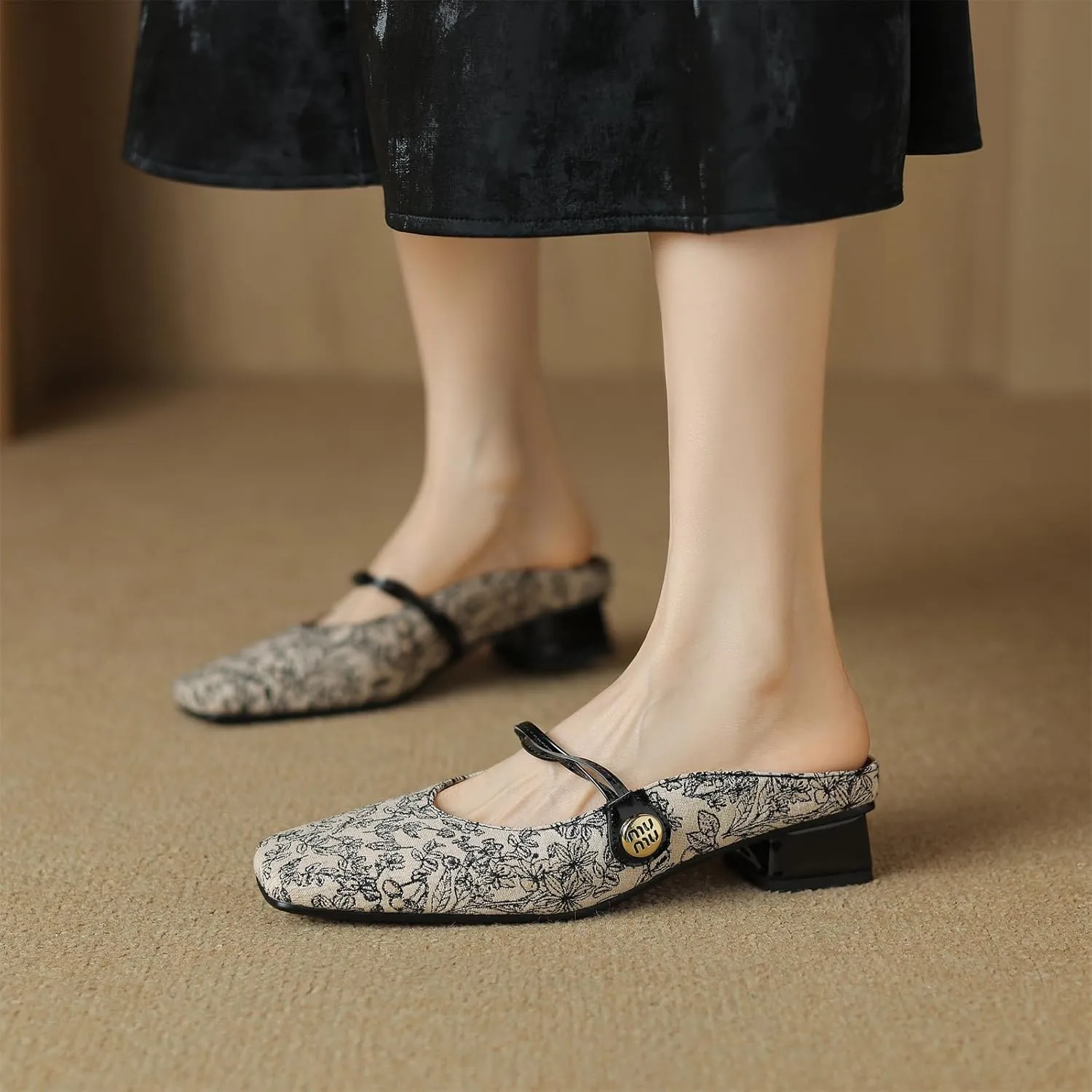 Women's Square Closed Toe Slip-On Pumps Embroidery Cross Strap Hook & Loop Fastener Mid Block Heel Mules Classic Work Office Church Comfort Dress Shoes Business Party Dating Sandals