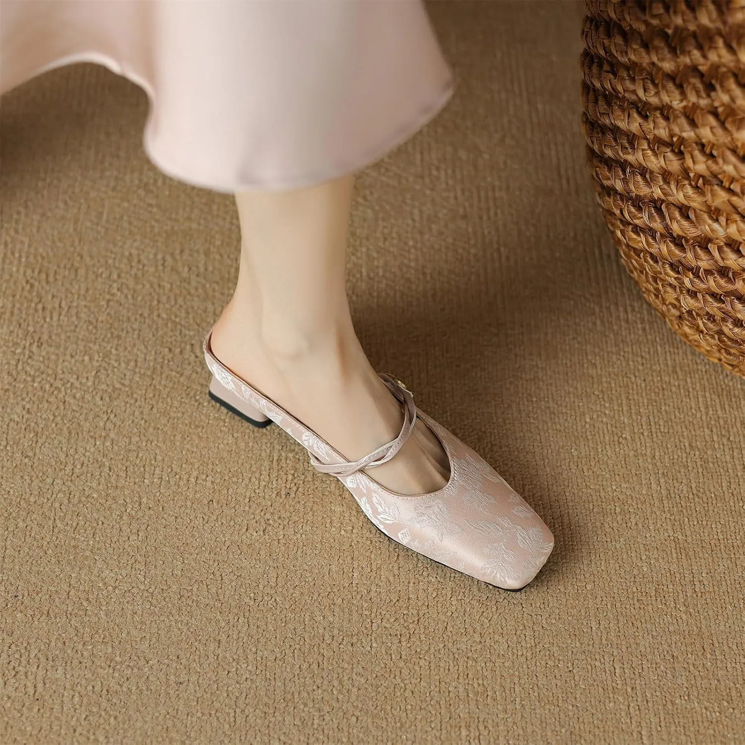 Women's Square Closed Toe Slip-On Pumps Embroidery Cross Strap Hook & Loop Fastener Mid Block Heel Mules Classic Work Office Church Comfort Dress Shoes Business Party Dating Sandals