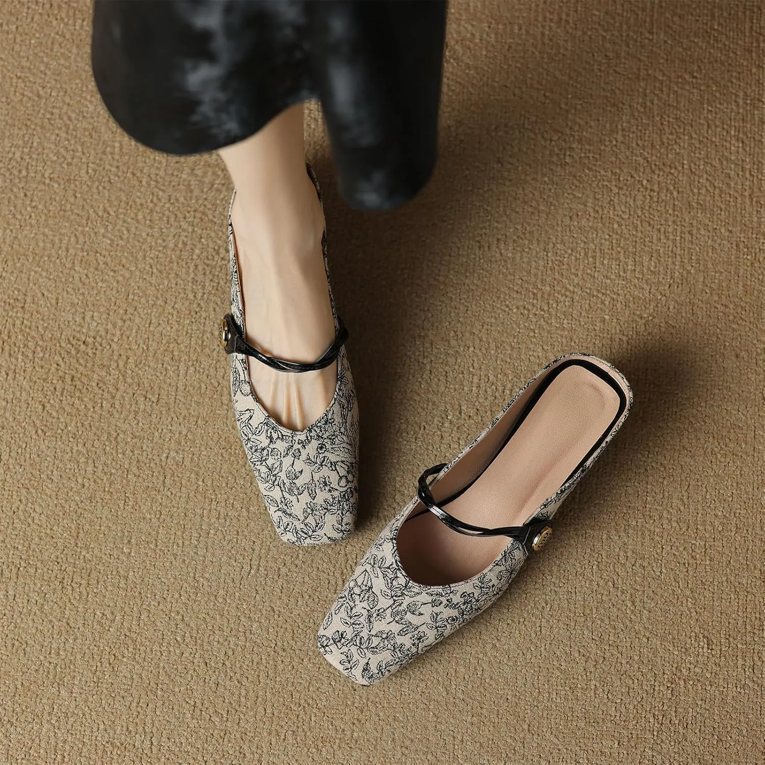 Women's Square Closed Toe Slip-On Pumps Embroidery Cross Strap Hook & Loop Fastener Mid Block Heel Mules Classic Work Office Church Comfort Dress Shoes Business Party Dating Sandals