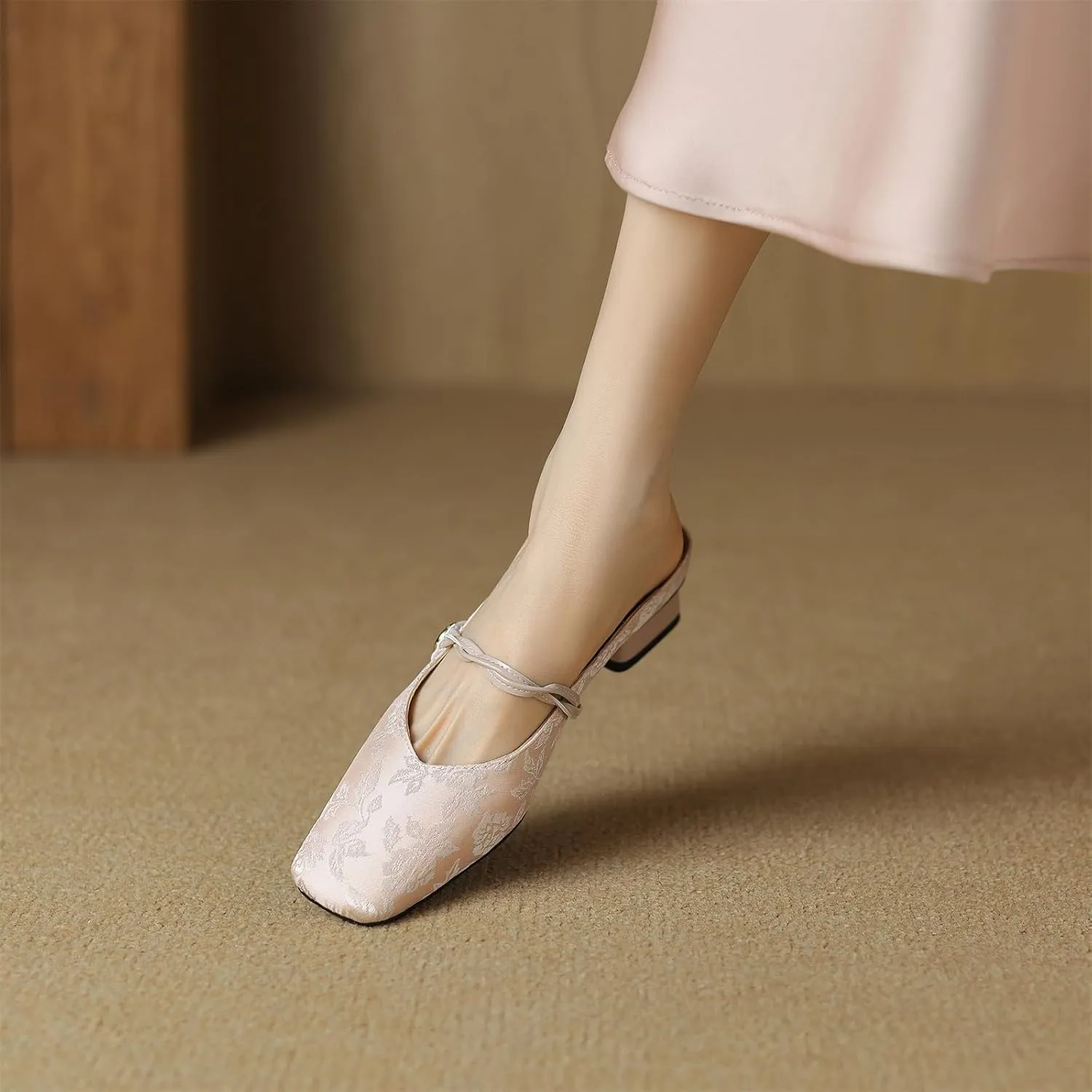 Women's Square Closed Toe Slip-On Pumps Embroidery Cross Strap Hook & Loop Fastener Mid Block Heel Mules Classic Work Office Church Comfort Dress Shoes Business Party Dating Sandals
