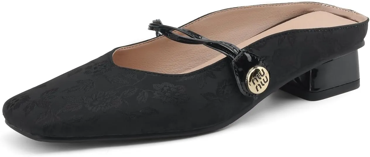 Women's Square Closed Toe Slip-On Pumps Embroidery Cross Strap Hook & Loop Fastener Mid Block Heel Mules Classic Work Office Church Comfort Dress Shoes Business Party Dating Sandals