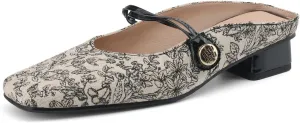 Women's Square Closed Toe Slip-On Pumps Embroidery Cross Strap Hook & Loop Fastener Mid Block Heel Mules Classic Work Office Church Comfort Dress Shoes Business Party Dating Sandals