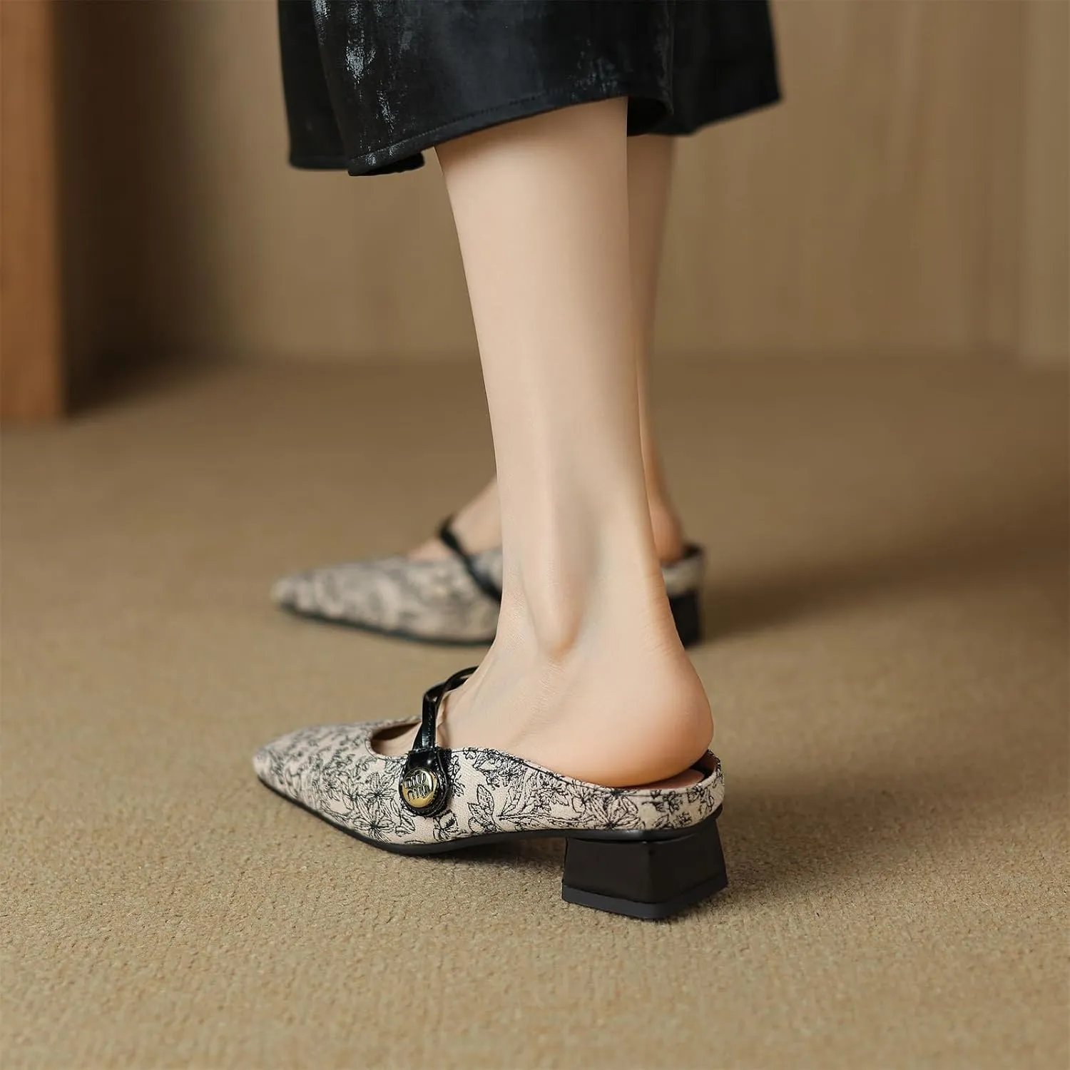Women's Square Closed Toe Slip-On Pumps Embroidery Cross Strap Hook & Loop Fastener Mid Block Heel Mules Classic Work Office Church Comfort Dress Shoes Business Party Dating Sandals