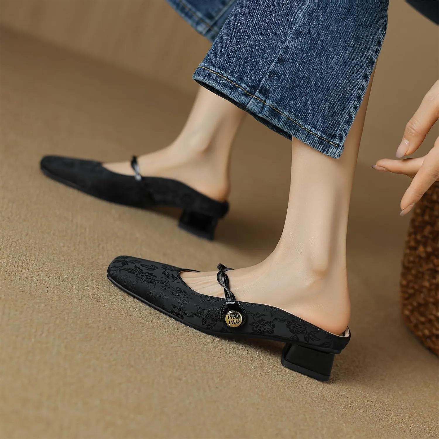 Women's Square Closed Toe Slip-On Pumps Embroidery Cross Strap Hook & Loop Fastener Mid Block Heel Mules Classic Work Office Church Comfort Dress Shoes Business Party Dating Sandals