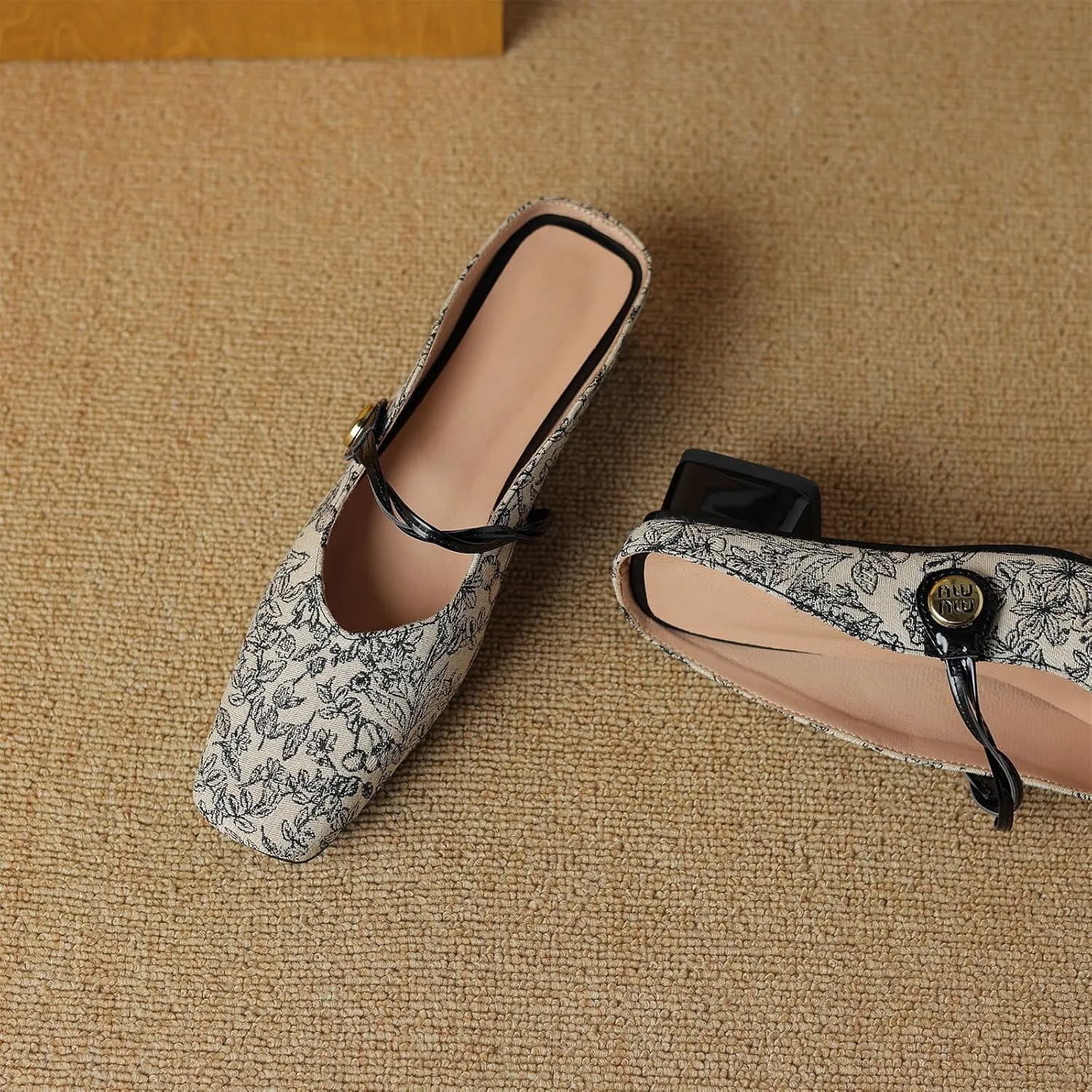 Women's Square Closed Toe Slip-On Pumps Embroidery Cross Strap Hook & Loop Fastener Mid Block Heel Mules Classic Work Office Church Comfort Dress Shoes Business Party Dating Sandals