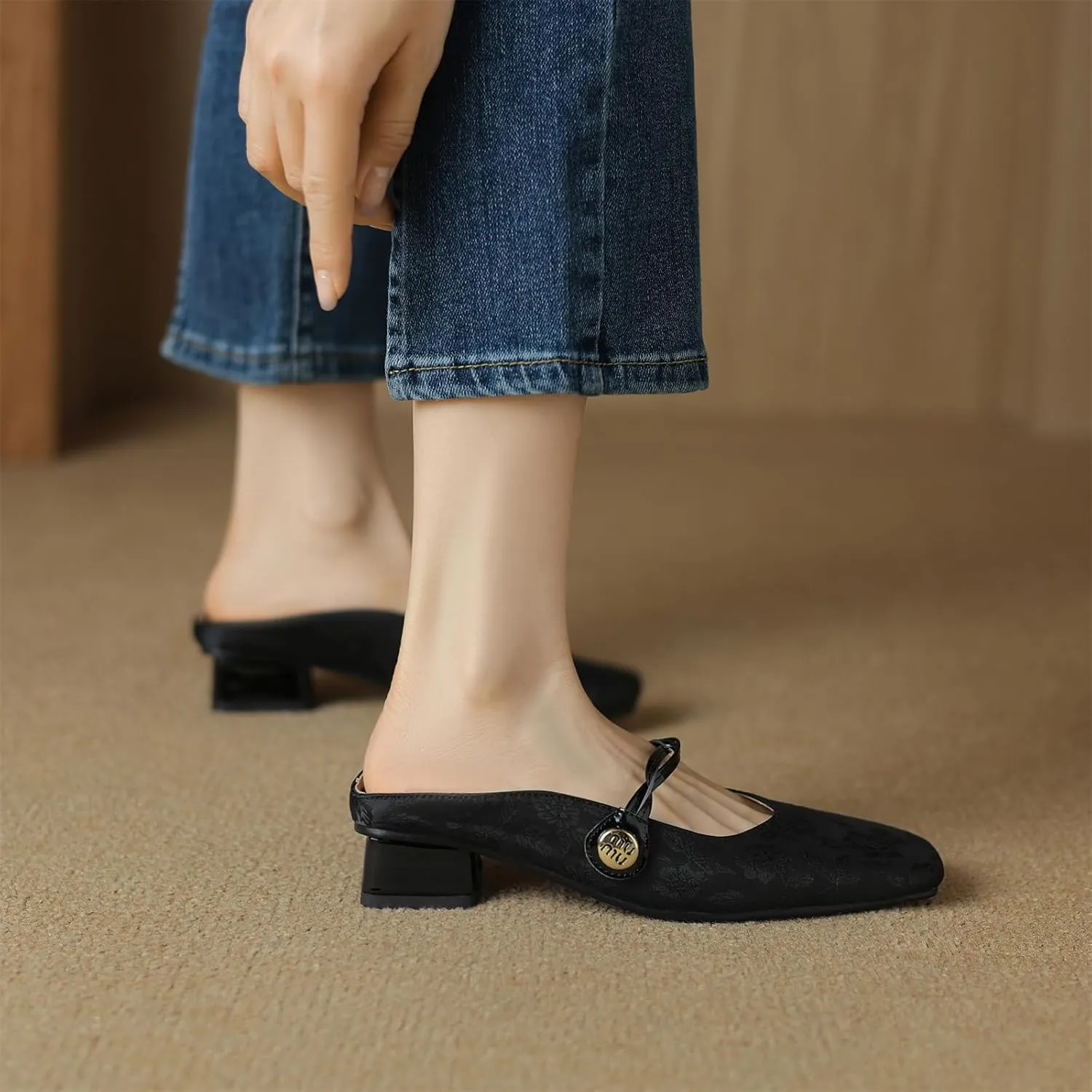 Women's Square Closed Toe Slip-On Pumps Embroidery Cross Strap Hook & Loop Fastener Mid Block Heel Mules Classic Work Office Church Comfort Dress Shoes Business Party Dating Sandals