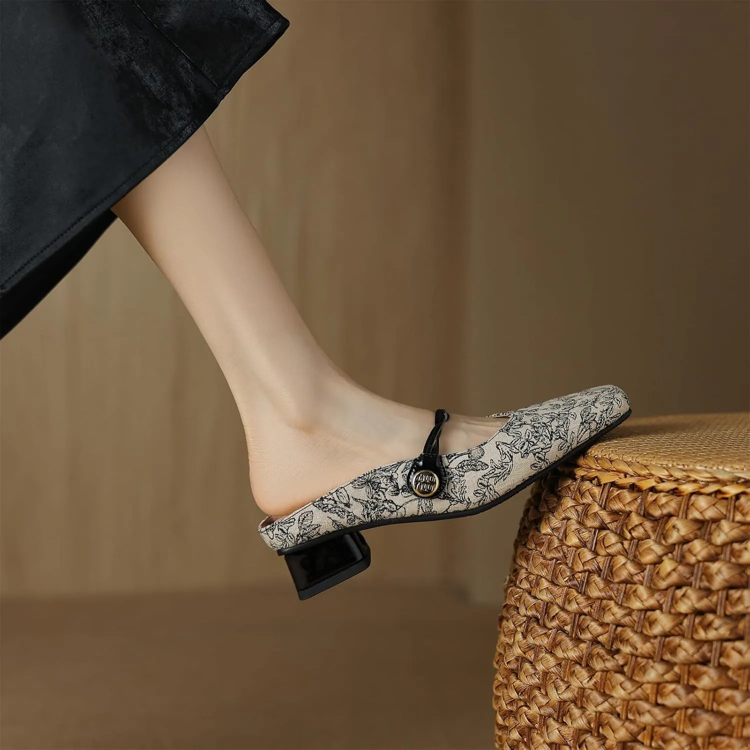 Women's Square Closed Toe Slip-On Pumps Embroidery Cross Strap Hook & Loop Fastener Mid Block Heel Mules Classic Work Office Church Comfort Dress Shoes Business Party Dating Sandals