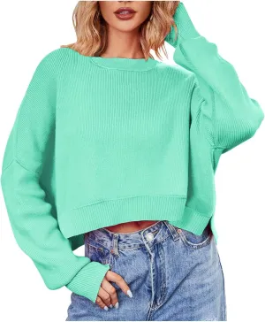 Women's Striped Sweater Winter 2024 Round Neck Long Sleeve Casual Loose Shirt High Waist Wide Hem Solid Knit Sweater