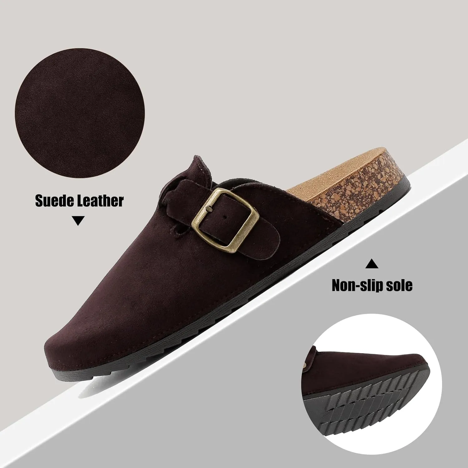 Women's Suede Clogs Mens Leather Mules Comfort Cork Footbed Sandals with Arch Support and Adjustable Buckle