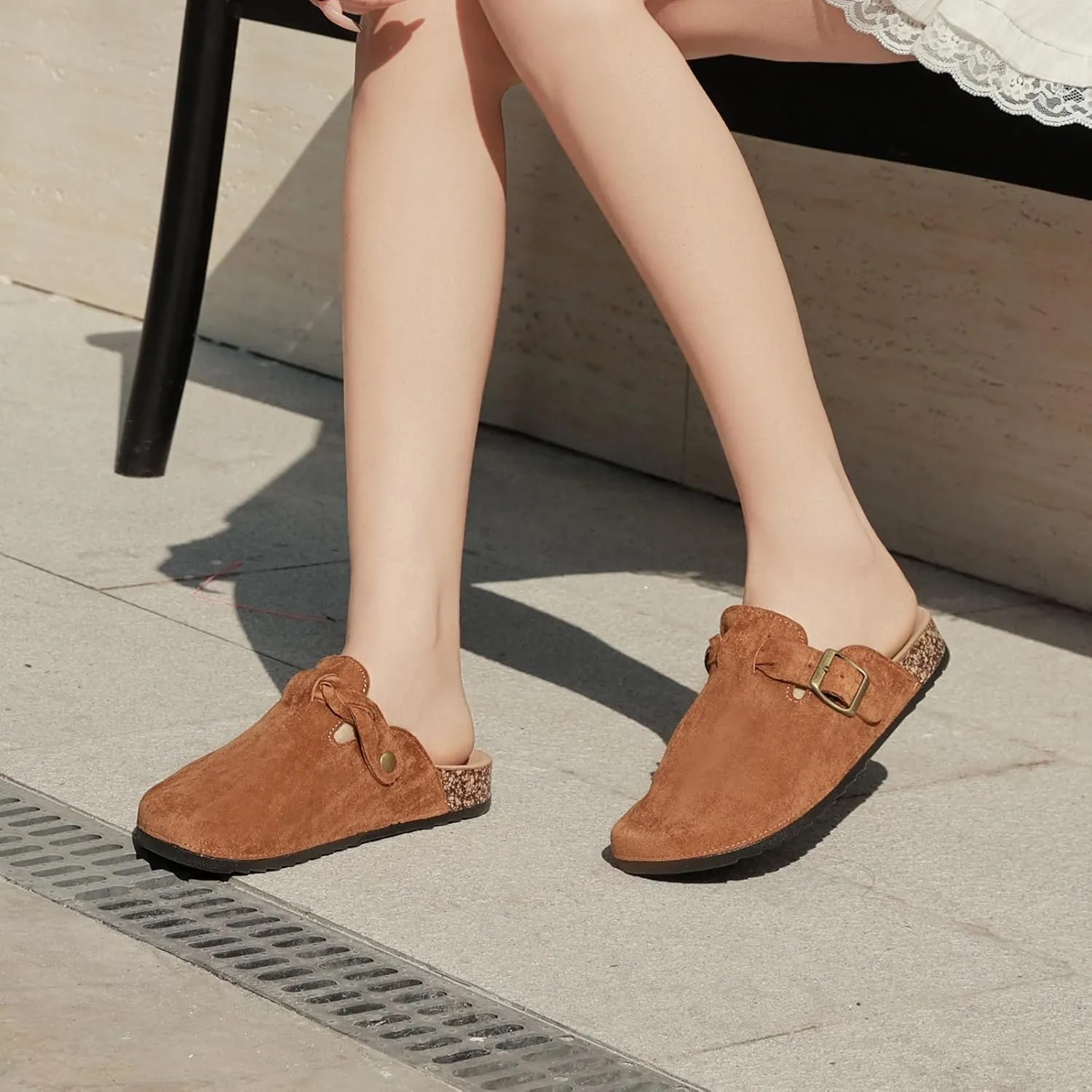 Women's Suede Clogs Mens Leather Mules Comfort Cork Footbed Sandals with Arch Support and Adjustable Buckle