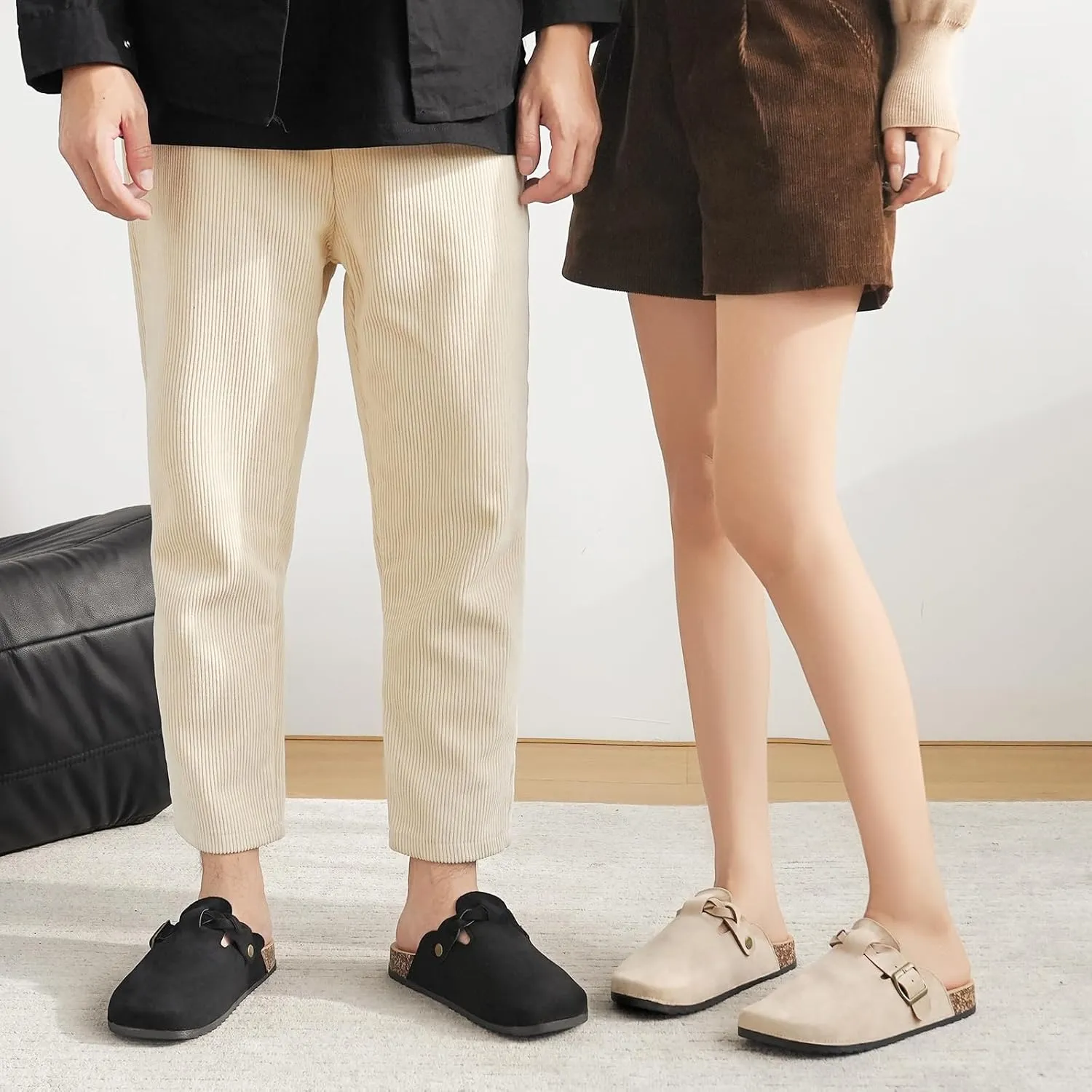 Women's Suede Clogs Mens Leather Mules Comfort Cork Footbed Sandals with Arch Support and Adjustable Buckle