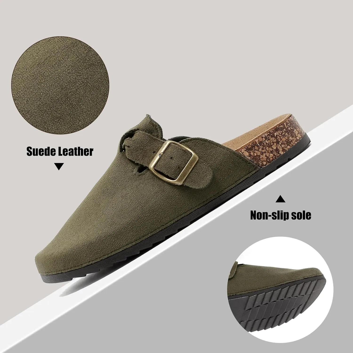 Women's Suede Clogs Mens Leather Mules Comfort Cork Footbed Sandals with Arch Support and Adjustable Buckle
