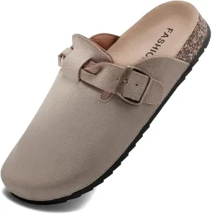 Women's Suede Clogs Mens Leather Mules Comfort Cork Footbed Sandals with Arch Support and Adjustable Buckle