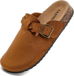 Women's Suede Clogs Mens Leather Mules Comfort Cork Footbed Sandals with Arch Support and Adjustable Buckle