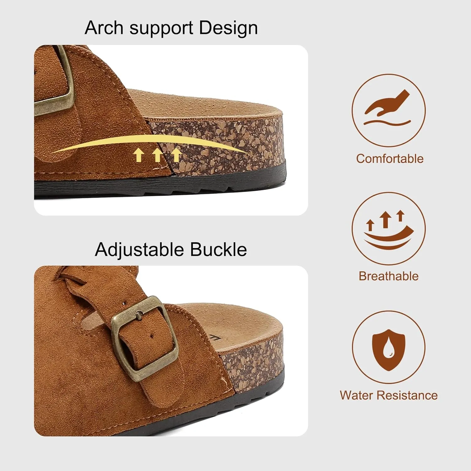 Women's Suede Clogs Mens Leather Mules Comfort Cork Footbed Sandals with Arch Support and Adjustable Buckle