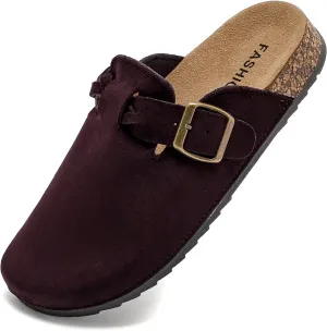 Women's Suede Clogs Mens Leather Mules Comfort Cork Footbed Sandals with Arch Support and Adjustable Buckle