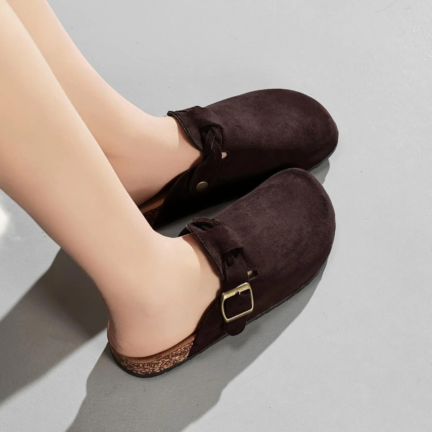 Women's Suede Clogs Mens Leather Mules Comfort Cork Footbed Sandals with Arch Support and Adjustable Buckle