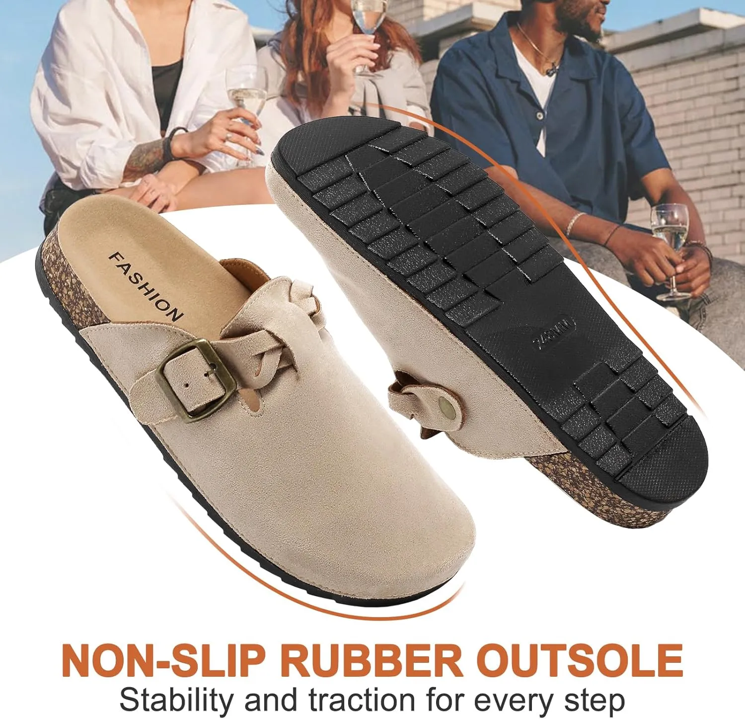 Women's Suede Clogs Mens Leather Mules Comfort Cork Footbed Sandals with Arch Support and Adjustable Buckle