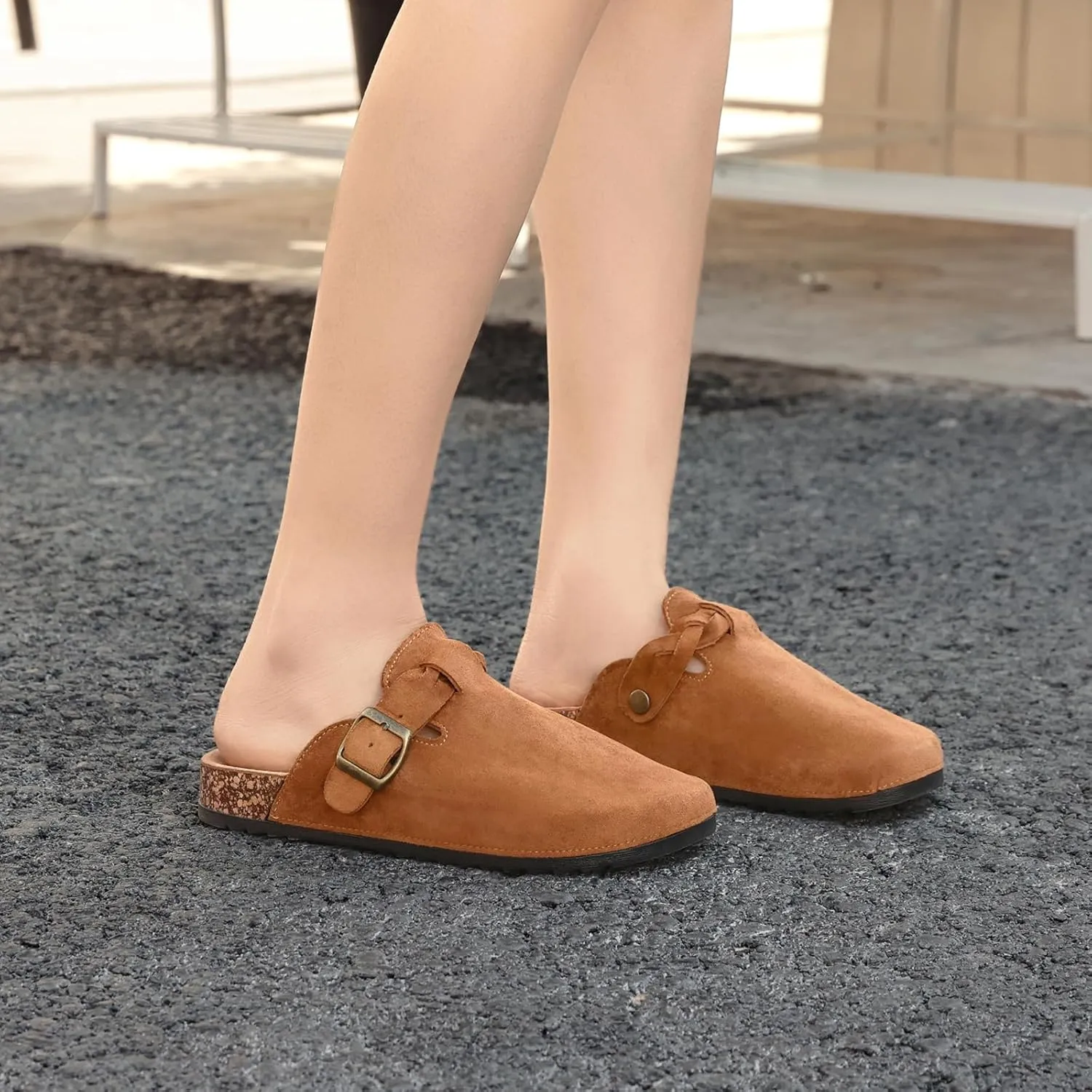 Women's Suede Clogs Mens Leather Mules Comfort Cork Footbed Sandals with Arch Support and Adjustable Buckle