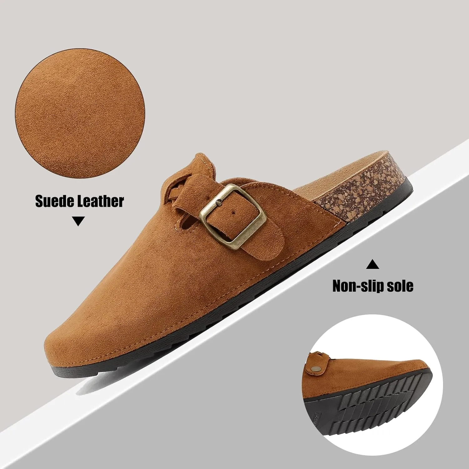 Women's Suede Clogs Mens Leather Mules Comfort Cork Footbed Sandals with Arch Support and Adjustable Buckle