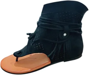 Women's Suede Lace Up Gladiator Sandals with Tassel Vintage Retro Flats Ankle Cutout Strappy Thong Boot for Summer