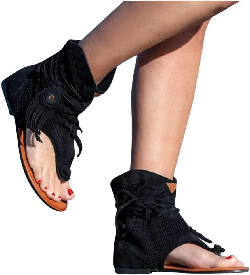 Women's Suede Lace Up Gladiator Sandals with Tassel Vintage Retro Flats Ankle Cutout Strappy Thong Boot for Summer