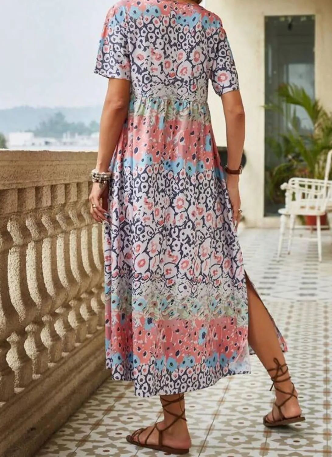 Women's Summer Boho Floral Midi Dress V-Neck Short Sleeve Lightweight Side Slit Casual Beach Vacation Dress