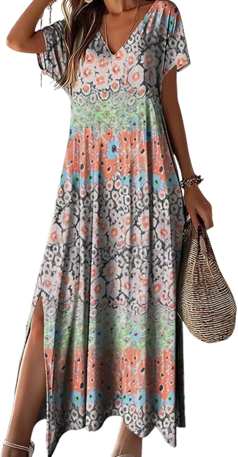 Women's Summer Boho Floral Midi Dress V-Neck Short Sleeve Lightweight Side Slit Casual Beach Vacation Dress