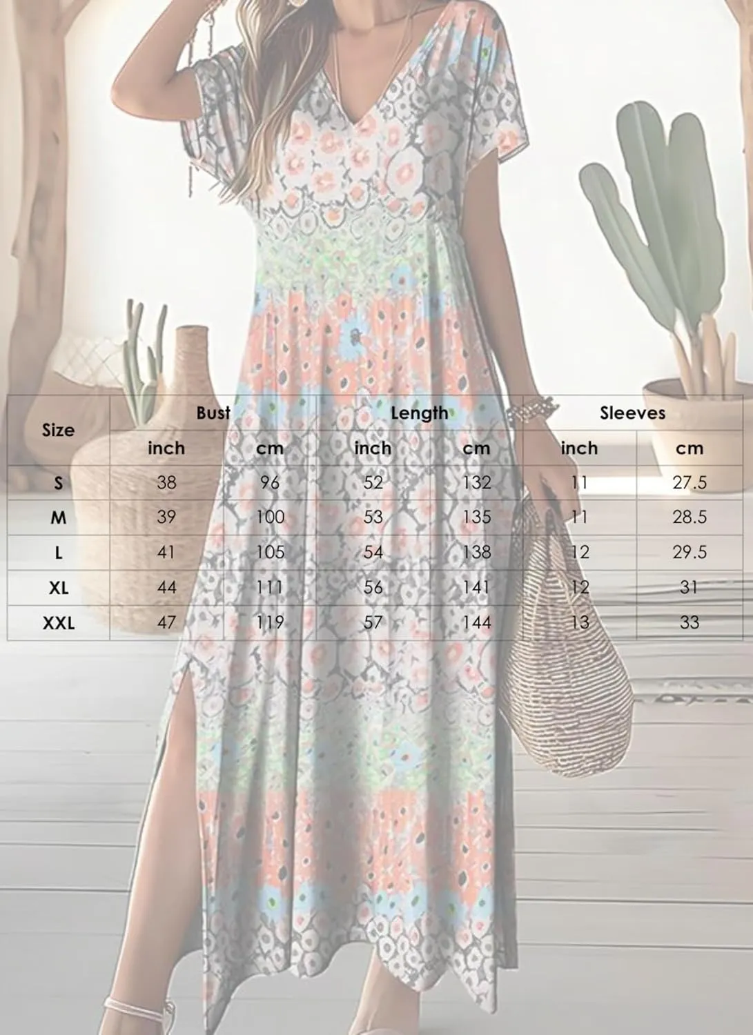 Women's Summer Boho Floral Midi Dress V-Neck Short Sleeve Lightweight Side Slit Casual Beach Vacation Dress
