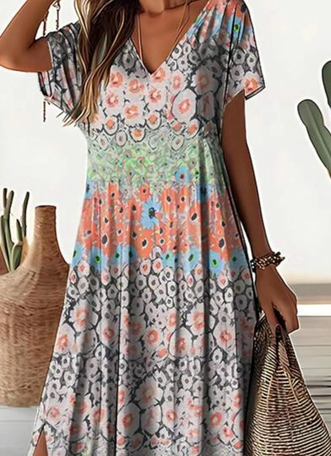 Women's Summer Boho Floral Midi Dress V-Neck Short Sleeve Lightweight Side Slit Casual Beach Vacation Dress