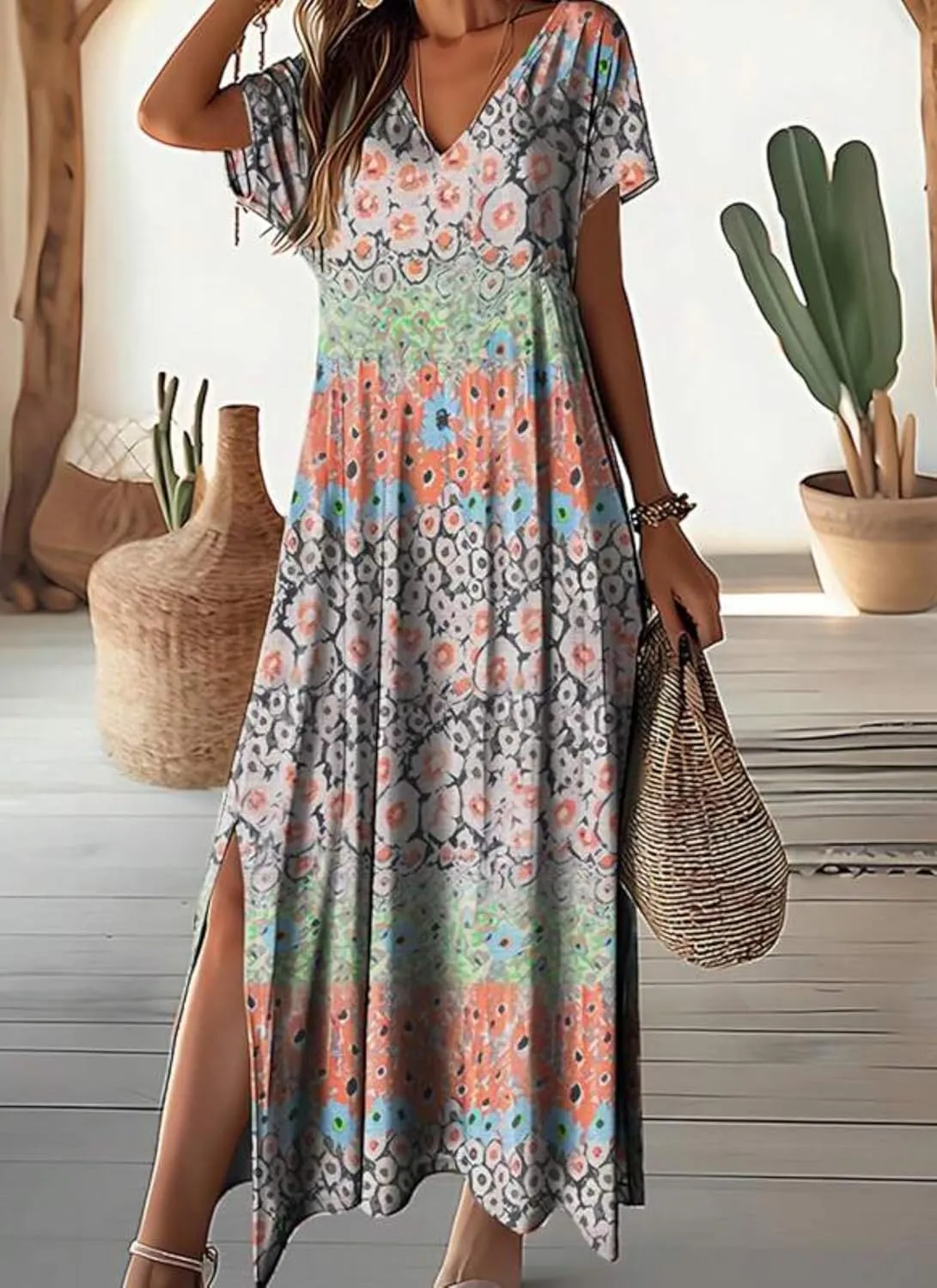 Women's Summer Boho Floral Midi Dress V-Neck Short Sleeve Lightweight Side Slit Casual Beach Vacation Dress