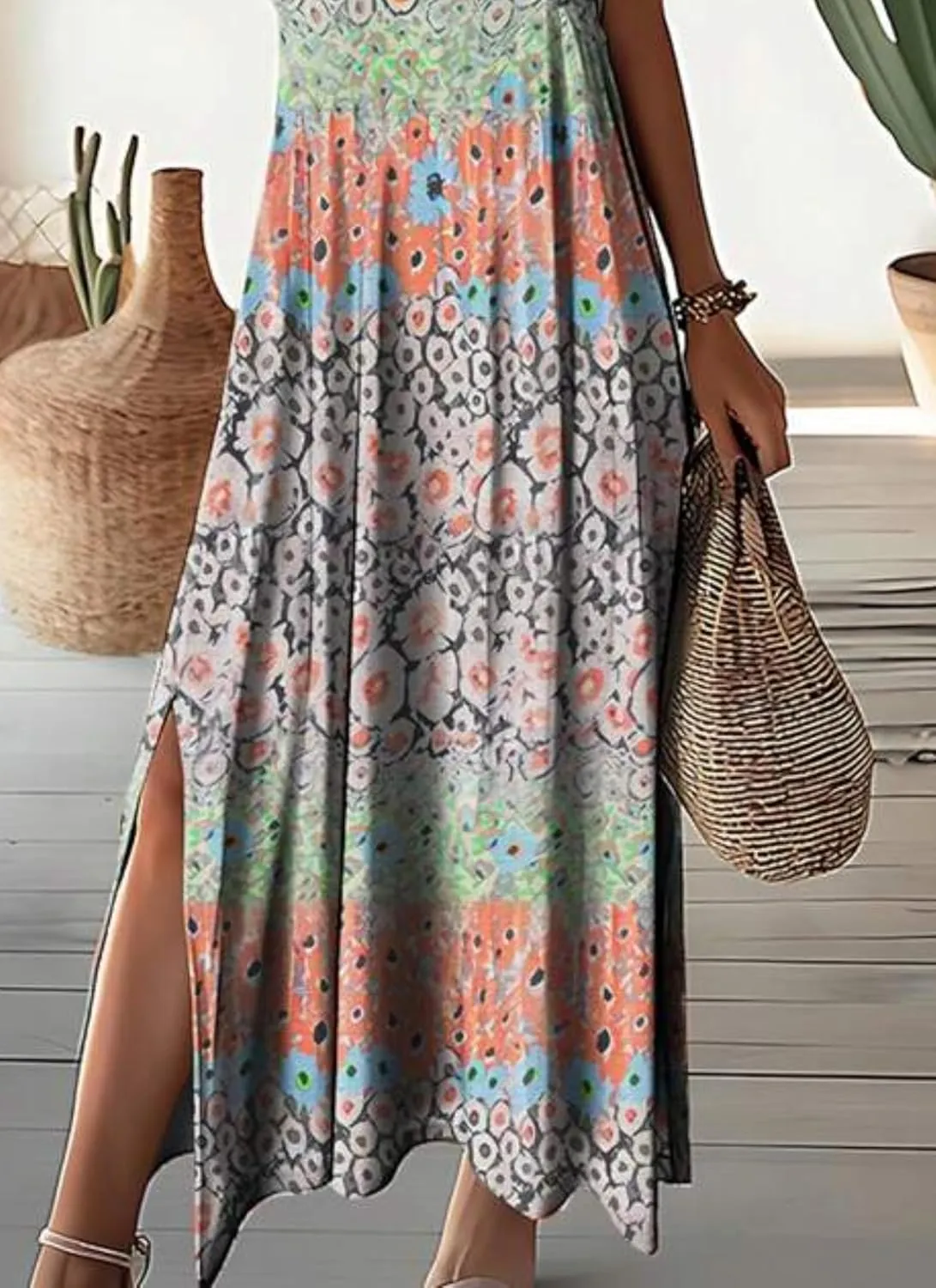 Women's Summer Boho Floral Midi Dress V-Neck Short Sleeve Lightweight Side Slit Casual Beach Vacation Dress