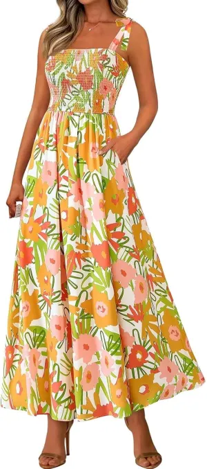 Womens Summer Dresses Trendy Floral Sleeveless Smocked Maxi Dress with Pocket Boho Tie Strap Beach Long Sundress